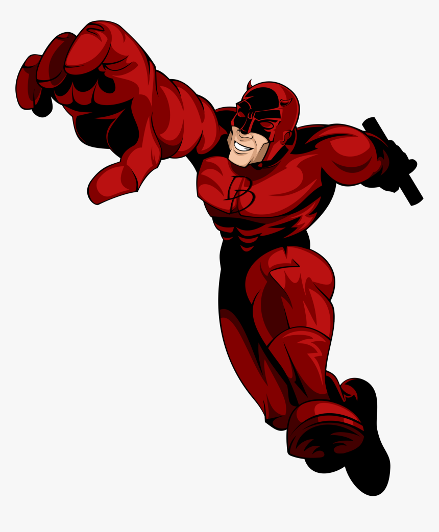 Daredevil in red suit lunging forward with billy club, smiling confidently.
