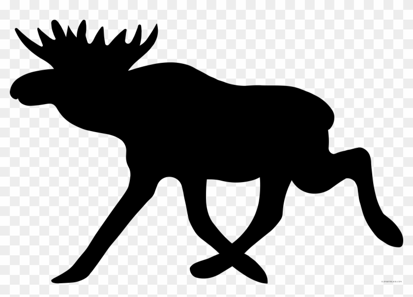 Black silhouette of a moose in motion, showing large antlers and extended legs against transparent background.
