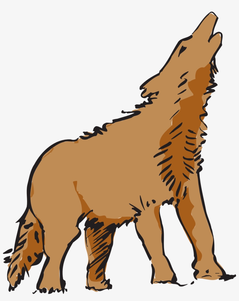 Brown wolf howling upward with detailed fur texture and bold black outlines on white background.