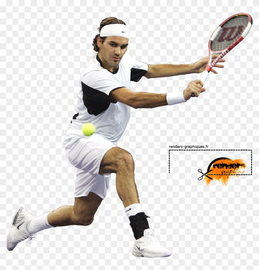 Roger Federer in mid-action, executing a forehand with a Wilson racket, wearing white and black tennis attire.