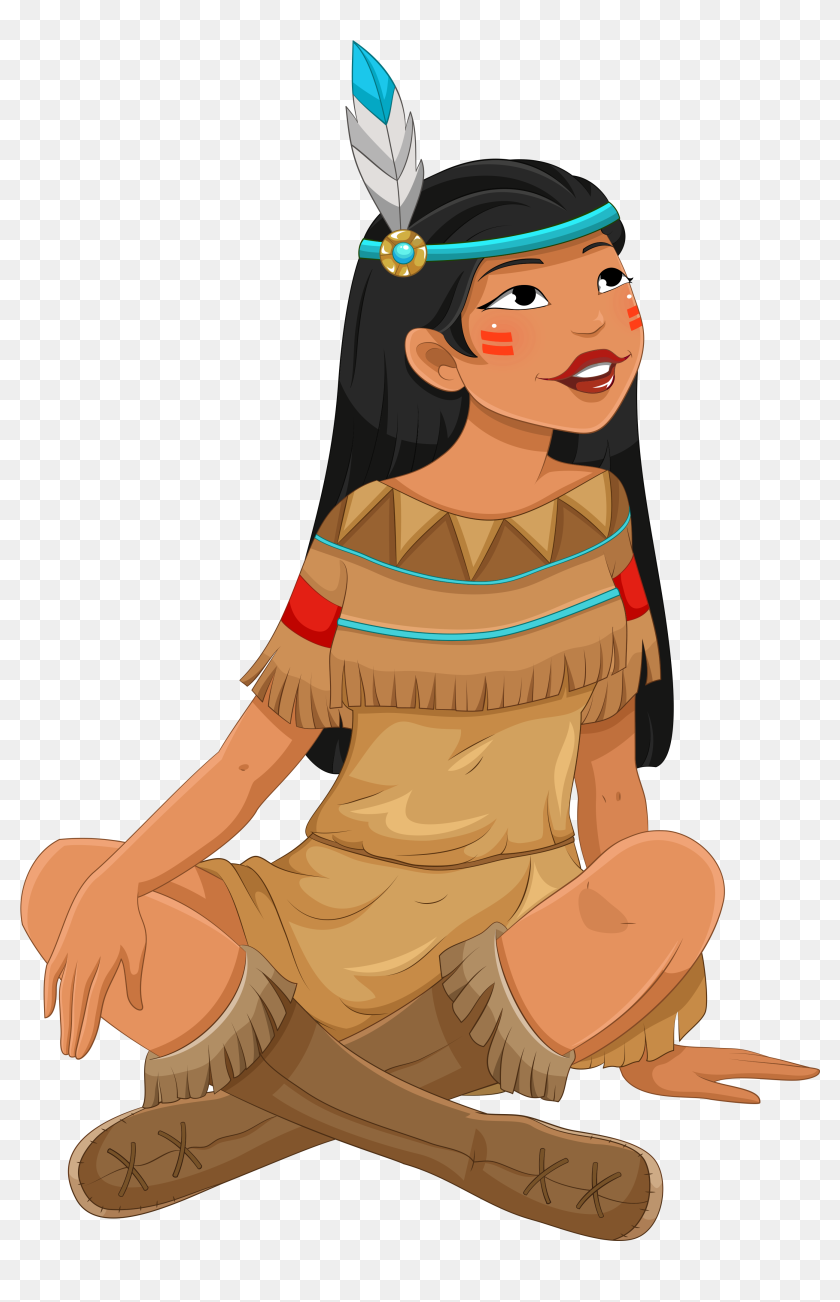 Animated Native American woman in traditional attire, sitting cross-legged with feathered headband and fringe dress.