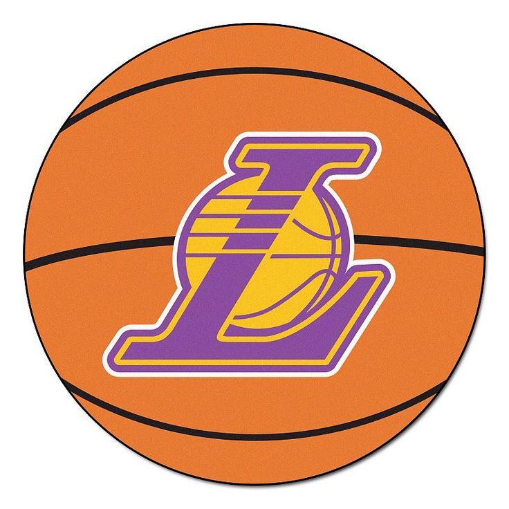 Los Angeles Lakers logo on an orange basketball with black seams.