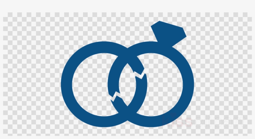 Blue icon of two interlocked wedding rings, one cracked and broken, symbolizing divorce or relationship separation.
