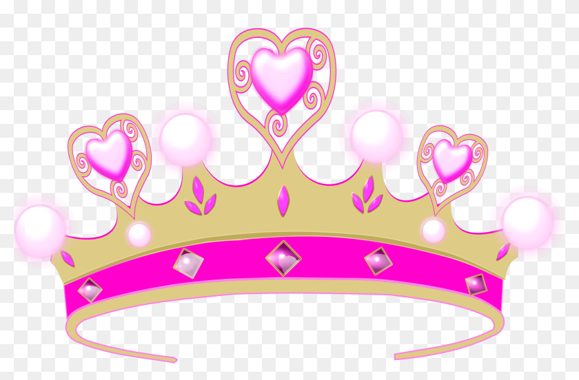 Pink and gold princess crown with heart motifs, pearls, and gemstones on transparent background.