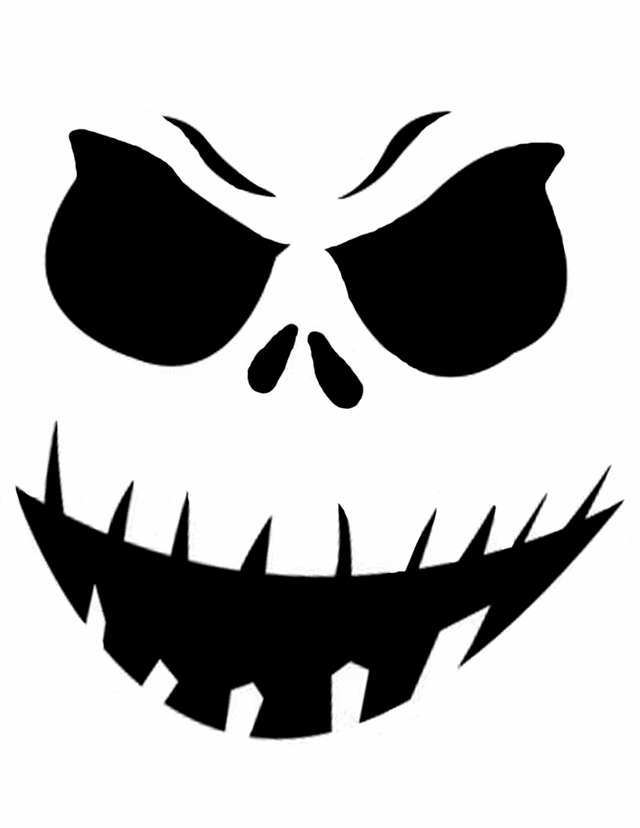 Black silhouette of a menacing jack-o'-lantern face with sharp teeth and angry eyes on white background.