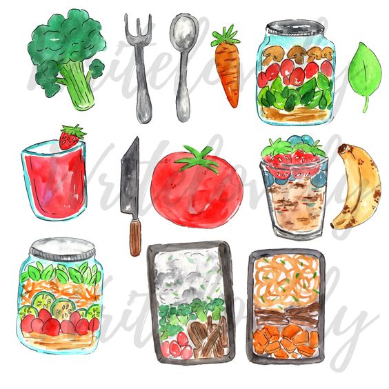 Watercolor illustration of fresh vegetables, fruits, kitchen tools, and meal prep containers arranged in a grid.