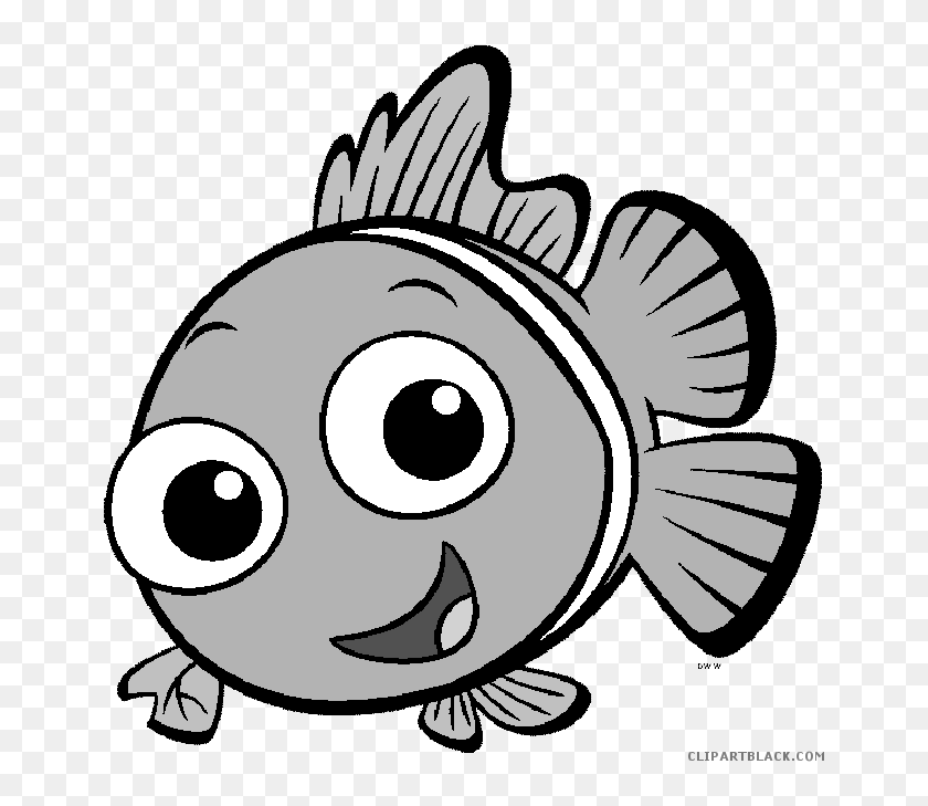 Gray cartoon clownfish with big eyes and smiling face, black-and-white line art on transparent background.