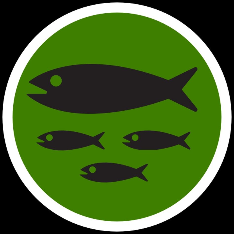 Green circular icon with one large black fish and three smaller fish, symbolizing sustainable fishing or marine food chain.
