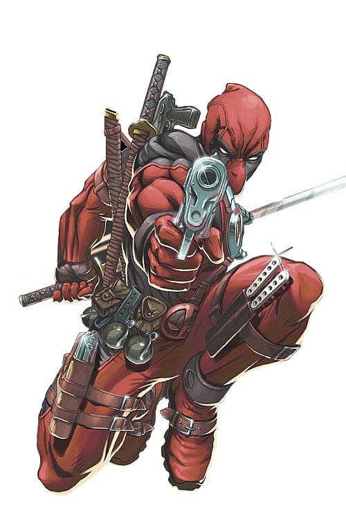Deadpool in red suit crouching, aiming pistol with swords and gear strapped to back.
