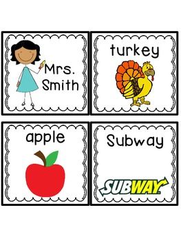 Four educational flashcards showing Mrs. Smith, a turkey, an apple, and Subway logo.