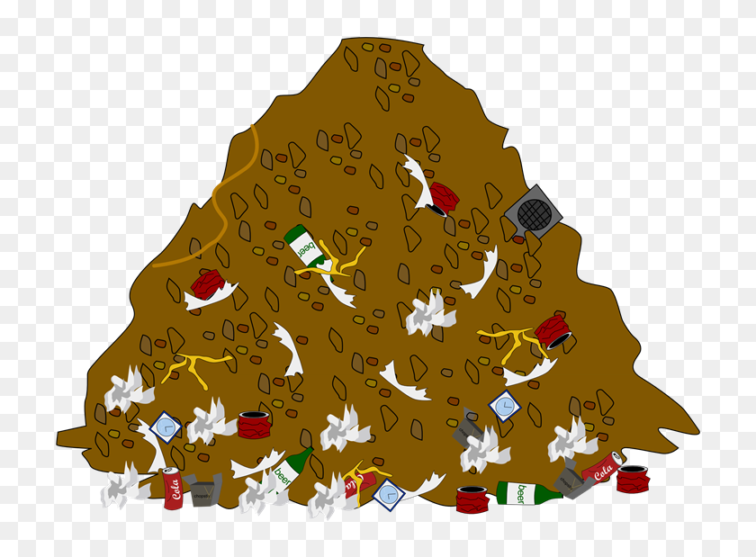 A cartoon illustration of a large mound of mixed waste including plastic, cans, bottles, and food scraps.