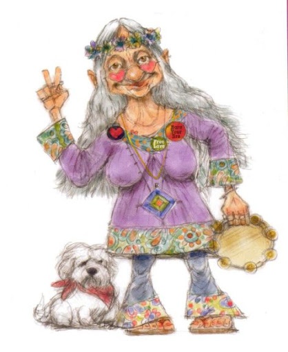 Hippie Grandma Illustration - Joyful, Peace-Loving Elder with Dog