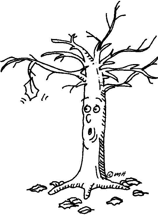 A cartoon tree with a surprised face, bare branches, and falling leaves, signed "© MH".