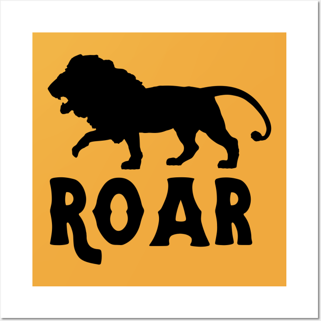 Black silhouette of a roaring lion walking left on orange background with bold "ROAR" text below.