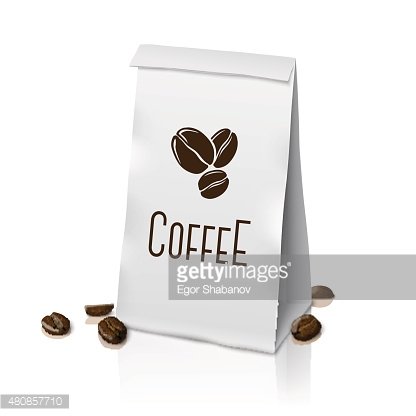 White coffee bag with roasted beans logo and scattered beans on white background.