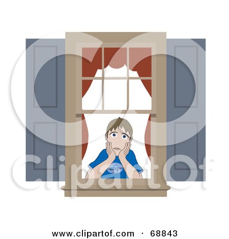A surprised young boy with hands on cheeks peers through a window with red curtains and gray shutters.