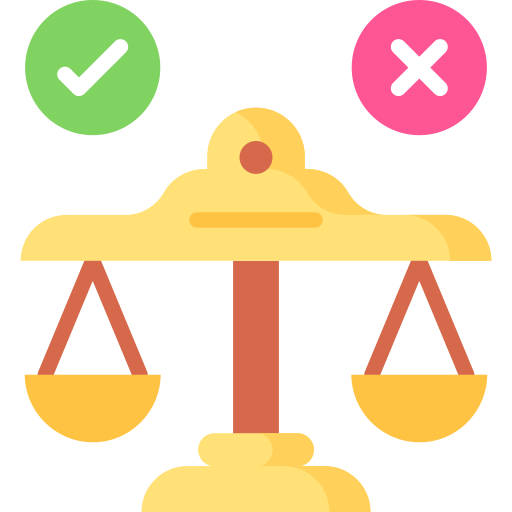 Golden balance scale with green checkmark and pink cross icons symbolizing decision-making or evaluation.