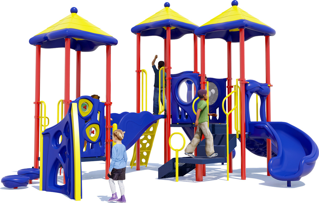 Colorful modular playground structure with slides, climbing panels, and children playing under yellow-and-blue roofs.