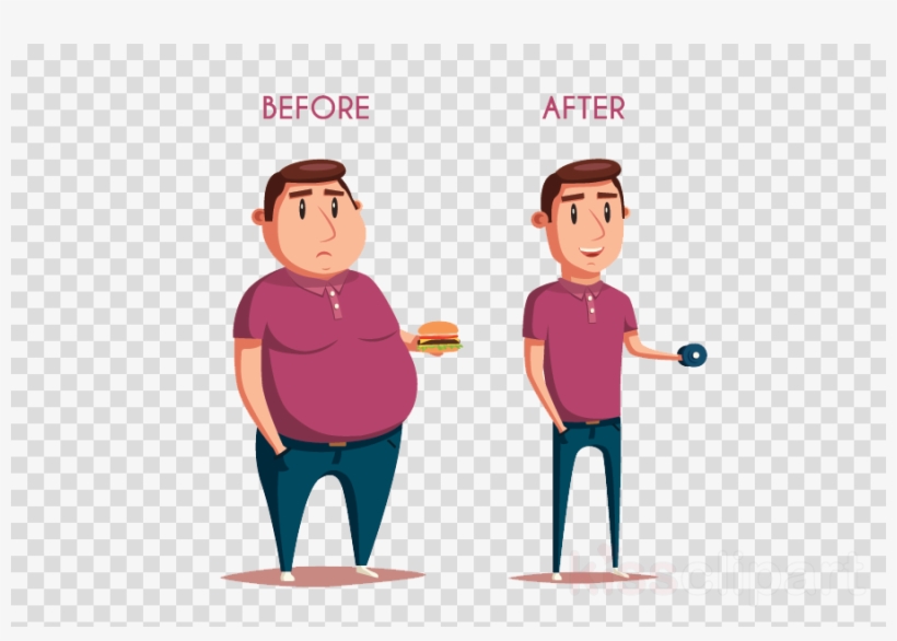 Before-and-after cartoon showing a man losing weight, holding a burger on the left and a dumbbell on the right.