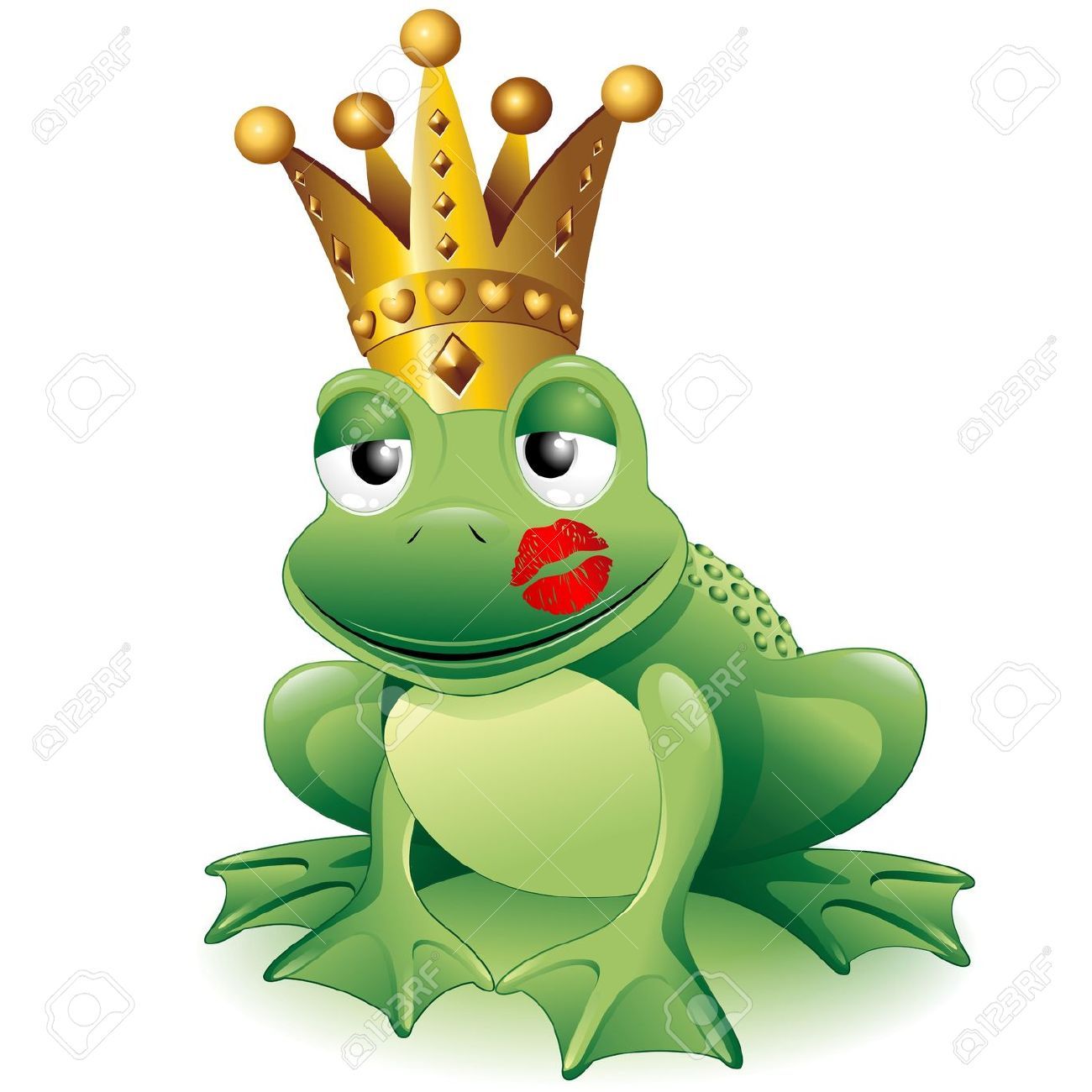Green cartoon frog wearing a golden crown with red lipstick kiss mark on cheek.
