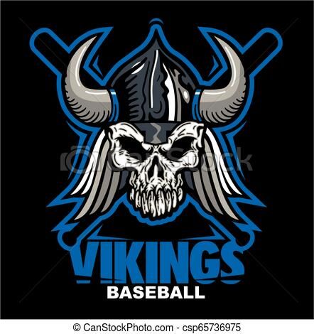 Viking-themed baseball team logo featuring a skull in a horned helmet with wings and crossed bats.