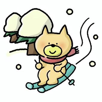 A cheerful cartoon cat skiing down a snowy slope with trees and snowflakes in the background.