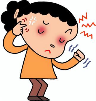 Cartoon girl with fever, headache, and chills showing signs of illness.