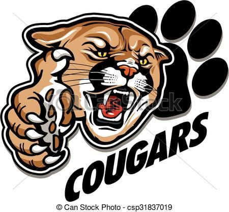 Fierce cartoon cougar mascot roaring with paw print and "COUGARS" text below.