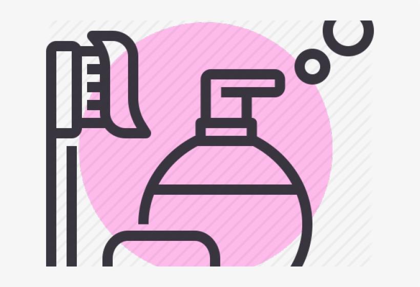 Line-art icon showing a toothbrush, liquid soap dispenser, and bubbles against a pink circular background.