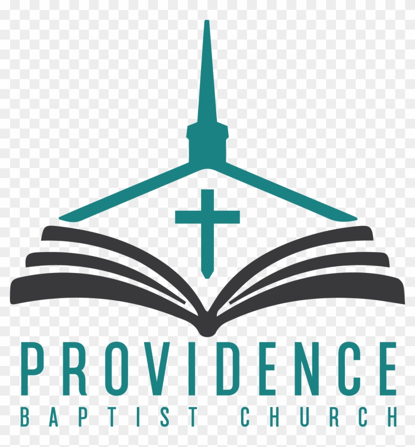 Logo for Providence Baptist Church featuring an open Bible, cross, and steeple in teal and black.