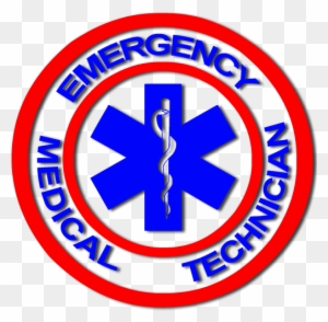 Blue Star of Life with snake-rod symbol inside red circular border labeled "Emergency Medical Technician"