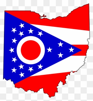 Ohio state flag design overlaid on the geographic outline of Ohio, featuring red, white, and blue with stars and a central circle.