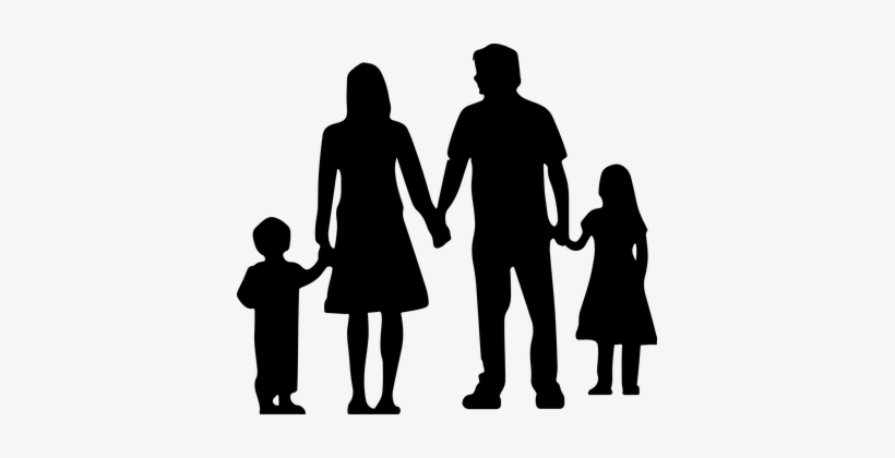 Silhouette of a family of four-mother, father, son, and daughter-holding hands together.