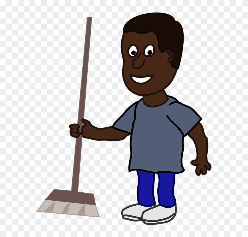 A smiling cartoon boy holding a broom, wearing a gray shirt and blue pants.