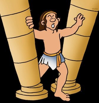 Cartoon depiction of Samson pushing apart two stone pillars with great effort, mouth open in exertion.