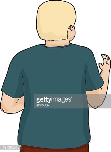 Back view of a person with short blond hair wearing a teal t-shirt and gesturing with right hand.