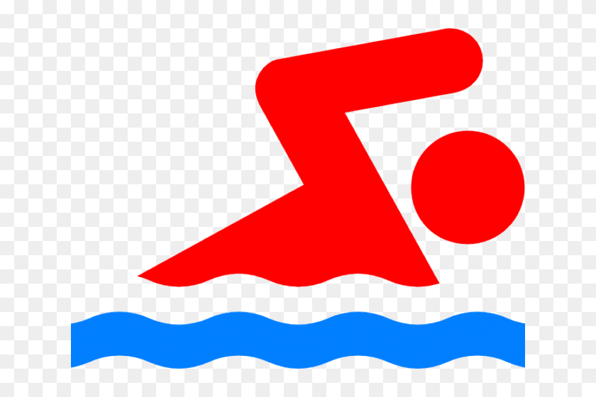 Red stylized swimmer icon above blue water waves on transparent background.