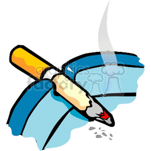 A lit cigarette resting in a blue ashtray with smoke rising and ash falling.