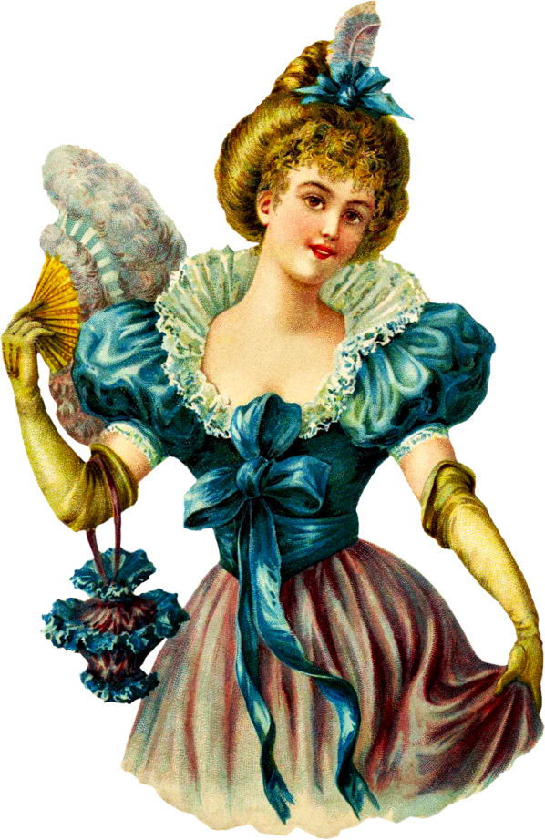 Vintage illustration of a woman in ornate 18th-century blue and pink gown, holding a fan and floral bouquet, with feathered headdress.