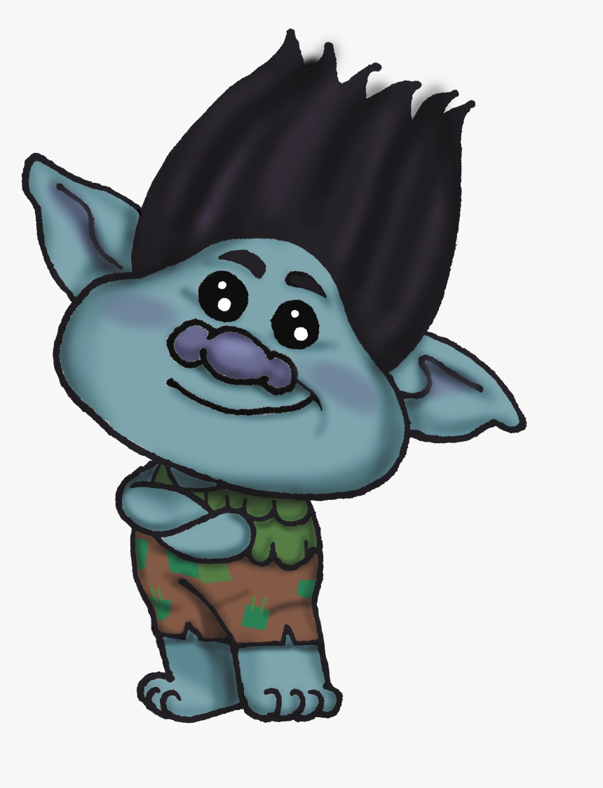 Blue-skinned troll with spiky black hair, purple nose, and crossed arms, wearing leafy green top and patched brown shorts.