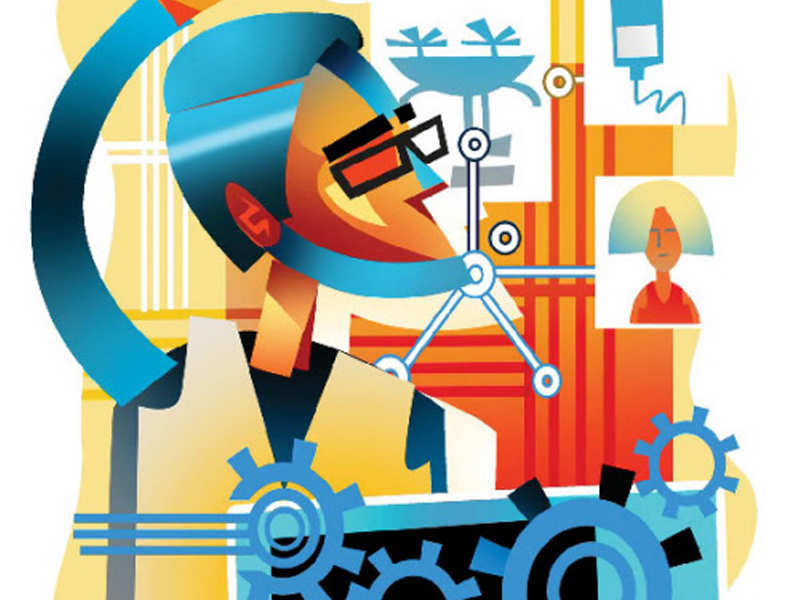 Abstract illustration of a tech professional using VR goggles, surrounded by gears, data nodes, and digital interfaces.