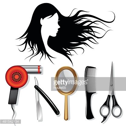 Silhouette of a woman with flowing hair alongside hairdressing tools: hairdryer, razor, mirror, comb, and scissors.