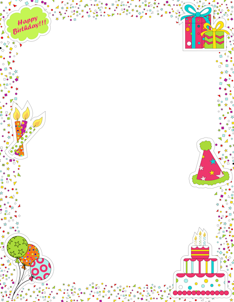 Colorful birthday border with confetti, cake, balloons, candles, party hat, gifts, and "Happy Birthday!!!" speech bubble.