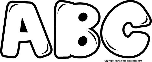 Bold black-and-white cartoon-style letters A, B, and C for early childhood education coloring pages.