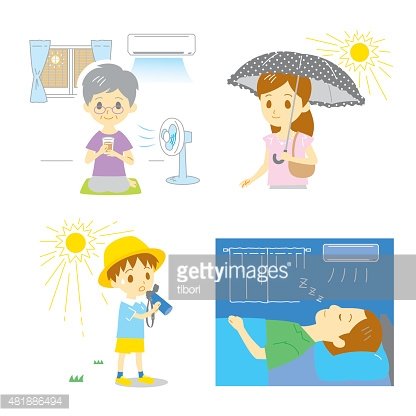 Four illustrated scenes showing people using air conditioning and fans for heat relief in summer: elderly person, woman with umbrella, child with hat, sleeper.
