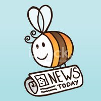Cheerful cartoon bee holding a rolled newspaper labeled "NEWS TODAY" against a light blue background.