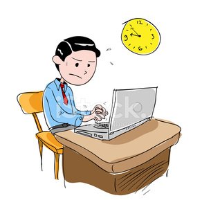 Stressed office worker typing on laptop with clock showing late hour above head.