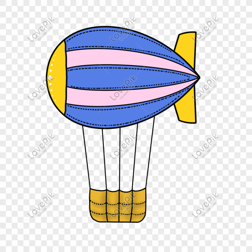 Colorful cartoon-style blimp with blue and pink stripes, yellow nose and tail, and a basket suspended below.