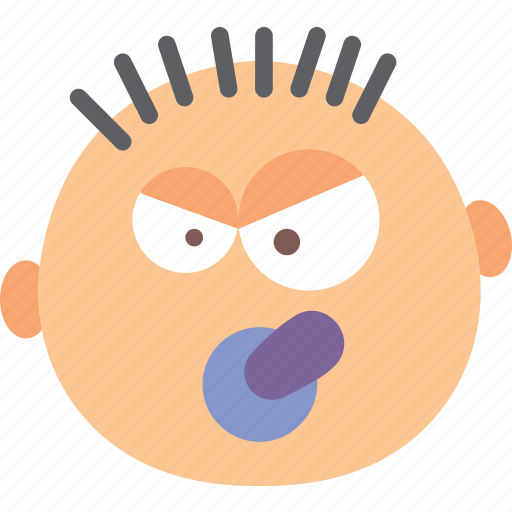 Angry cartoon baby with spiky hair, furrowed brows, and pacifier in mouth.