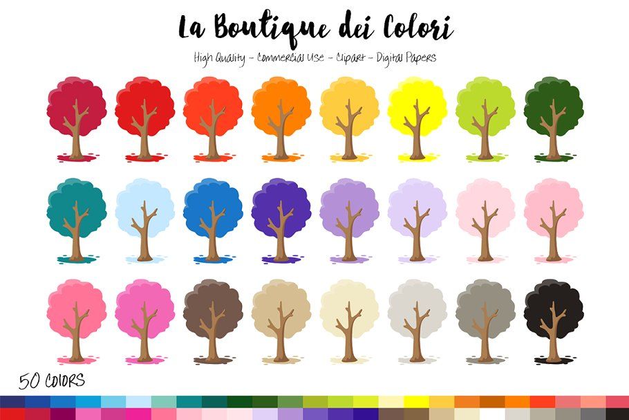 Collection of 24 colorful cartoon trees in 50 color variations, ideal for digital design and commercial use.